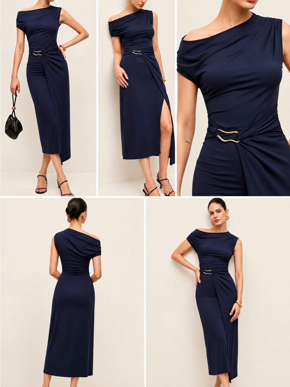 Commense Navy One-Shoulder Midi Dress with Draped Waist and Gold Accent